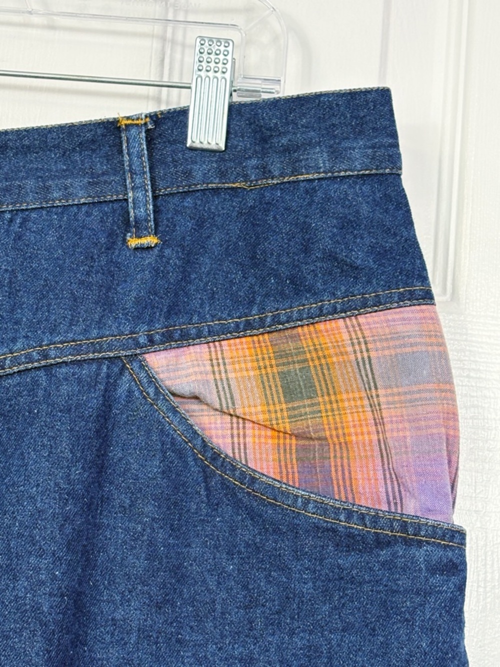 Vintage Sudden Impact Blue Denim Plaid Print Patchwork Jean Skirt 20 - Picture 6 of 16